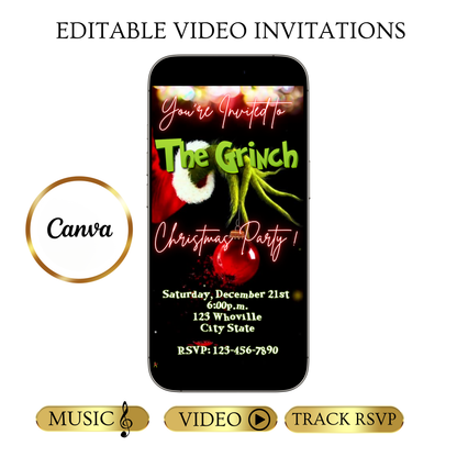 The Grinch Video Invitation | Digital Christmas Invite | Editable Canva Template