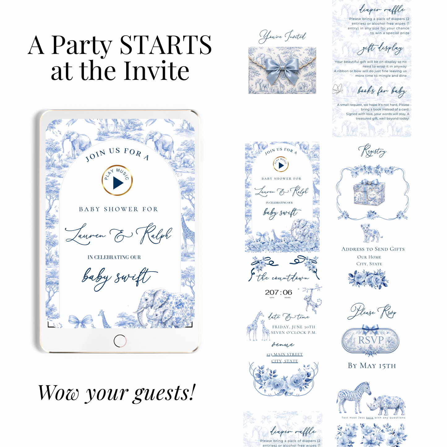 Toile de Jouy Safari Baby Shower Website Invitation Template | Editable Canva RSVP Website