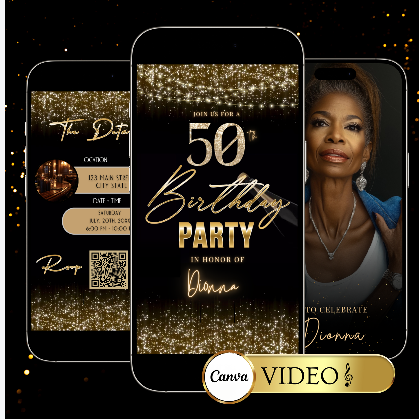Videoeinladung zum 50. Geburtstag | Elegante digitale Champagner-Einladung (animiert) | Bearbeitbare Canva-Vorlage