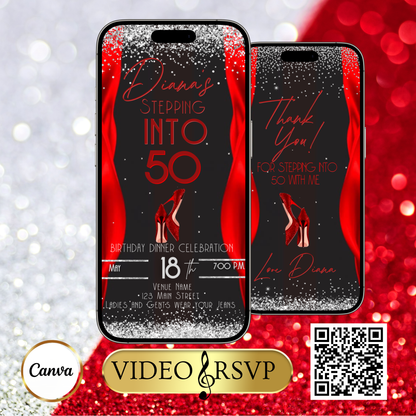 Stepping Into My Birthday Video Invite | Red Heel Birthday Digital Evite | Editable Canva Invite Template