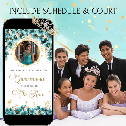Turquoise and Gold Quinceanera Video Invite Animated Sweet 15 Quince Mobile Evite with RSVP tracking