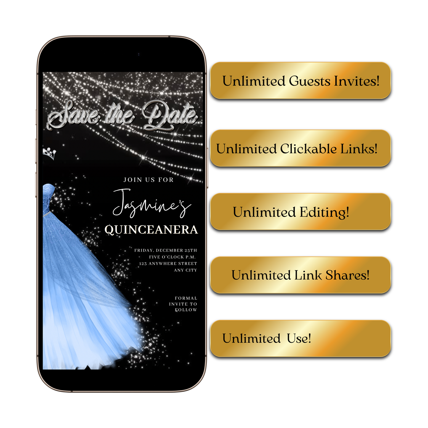 Baby Blue Quinceanera Video Invite | Sweet 15 16 Quince RSVP Tracker | Editable Canva Evite Template