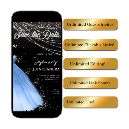 Baby Blue Quinceanera Video Invite | Sweet 15 16 Quince RSVP Tracker | Editable Canva Evite Template