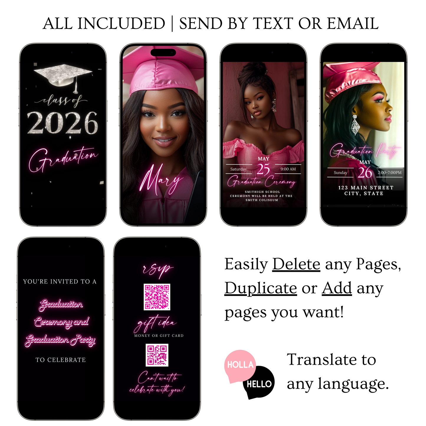 2026 Graduation Party Video Invitation | Digital Pink Graduation Invite | Editable Online RSVP Evite Canva Template