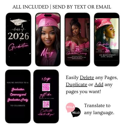 2026 Graduation Party Video Invitation | Digital Pink Graduation Invite | Editable Online RSVP Evite Canva Template