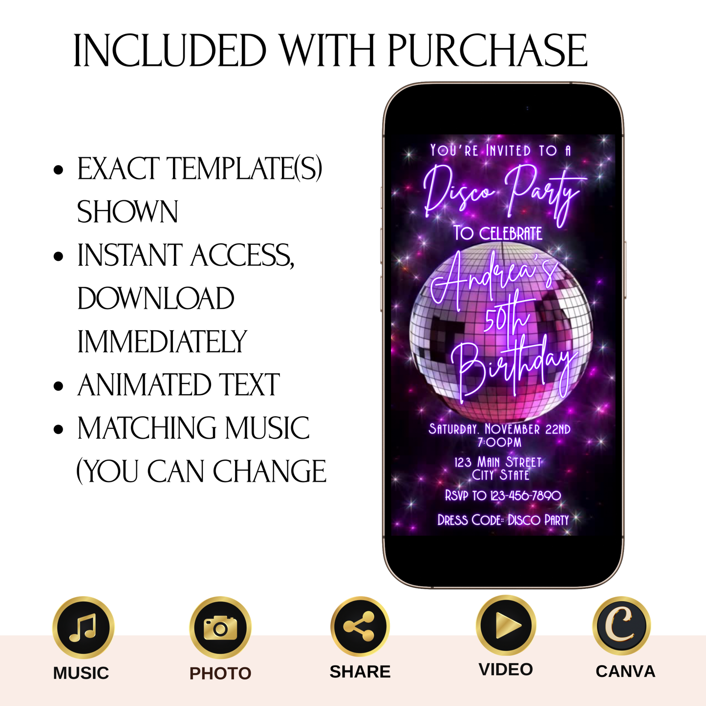 Editable Disco Party Video Invitation | 70s Retro Party Invite | Editable Canva Template Template