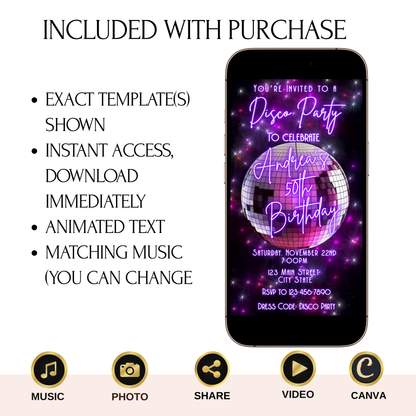 Editable Disco Party Video Invitation | 70s Retro Party Invite | Editable Canva Template Template