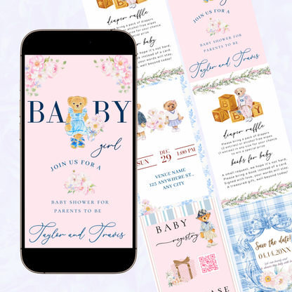 Video-Einladung mit rosa Polobär | Digitale, elegante Frühlingseinladung in Rosa | Bearbeitbare Canva-Vorlage