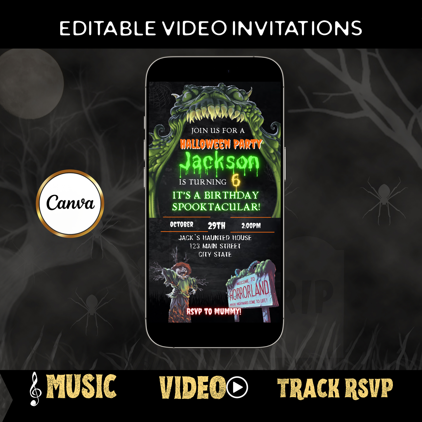 Halloween Video Invitation | Animated Halloween Digital Evite | Editable Canva Invite Template