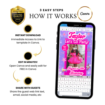Editable Barbie Video Invitation | Animated Pink Barbie Digital Evite | Editable Canva Invite Template
