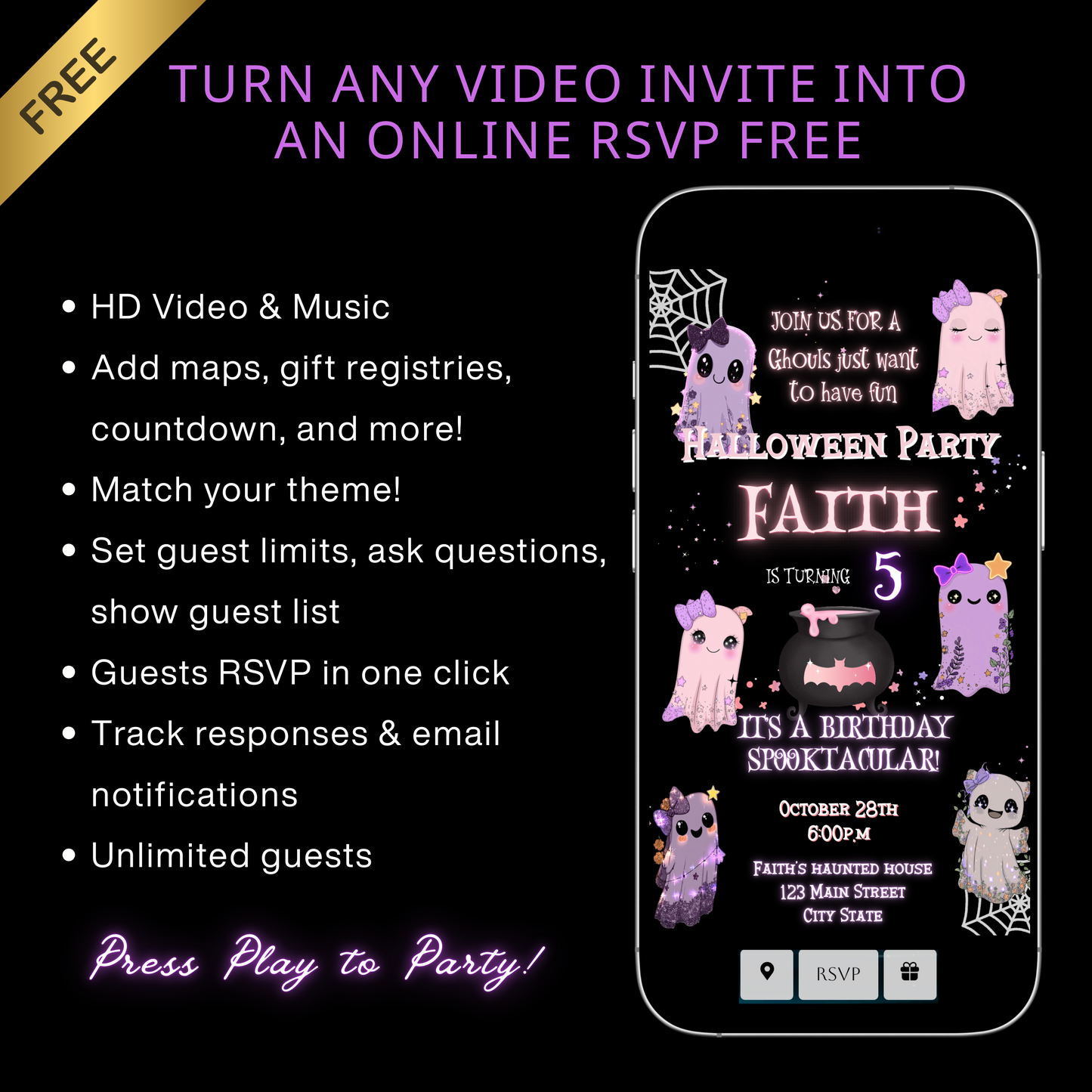 Halloween Video Invitation | Pink Ghost Animated Editable Halloween Party Mobile Evite