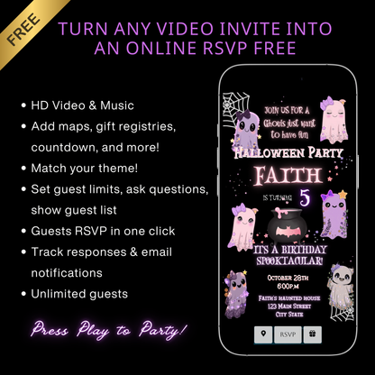 Halloween Video Invitation | Pink Ghost Animated Editable Halloween Party Mobile Evite