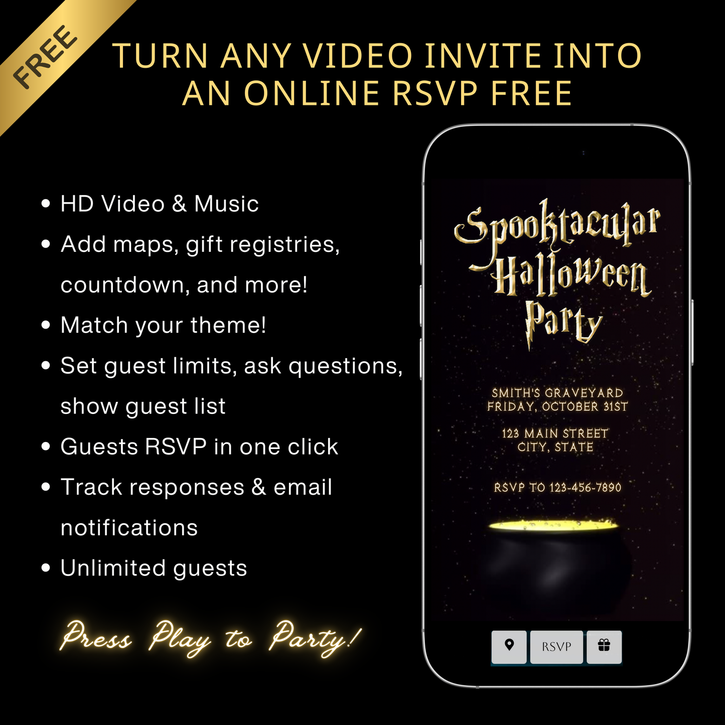 Halloween-Videoeinladung, animierte Einladung mit goldenem Kessel, bearbeitbare mobile Einladung zur Halloween-Party