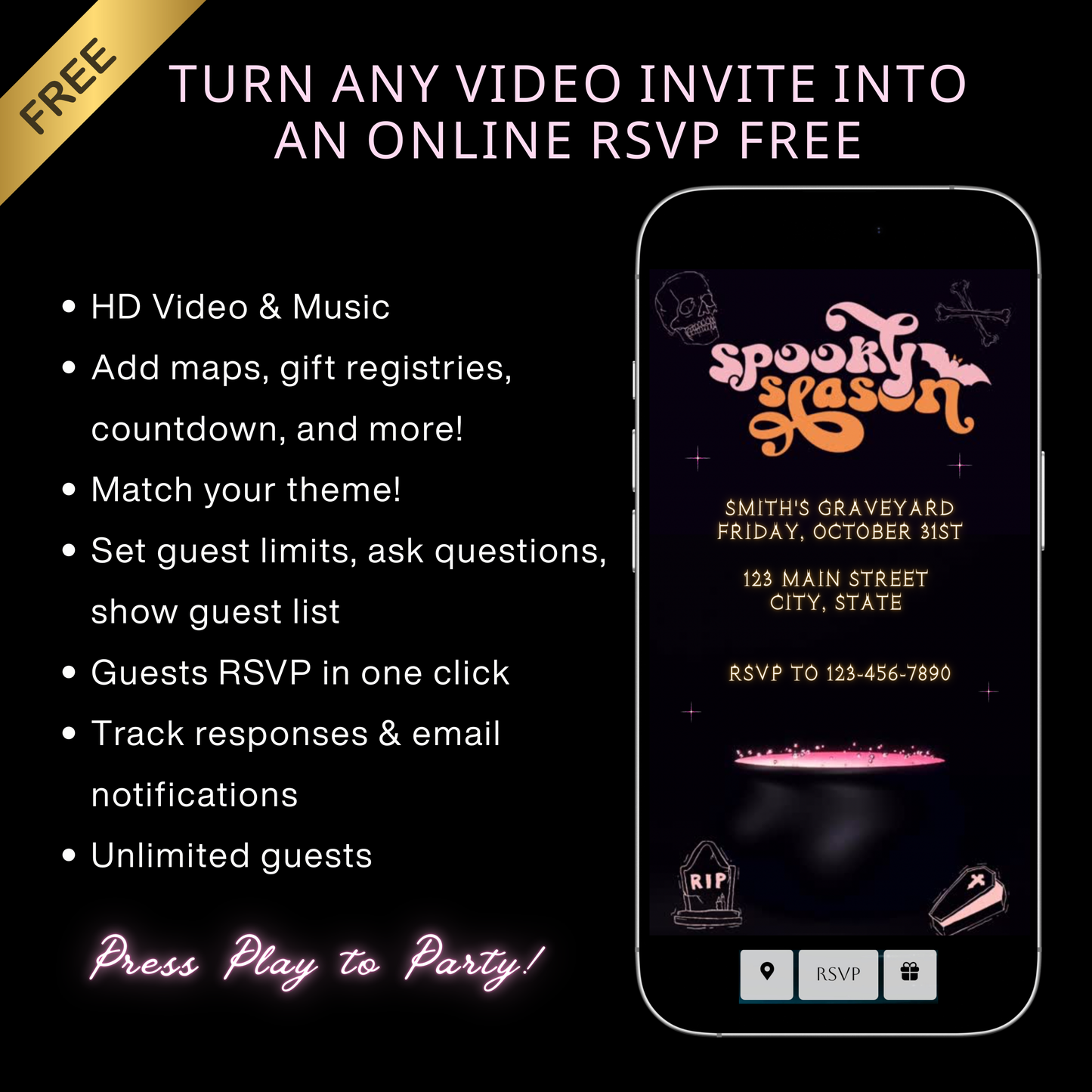 Halloween Video Invitation | Animated Pink Spooky Digital Evite | Editable Canva Invite Template