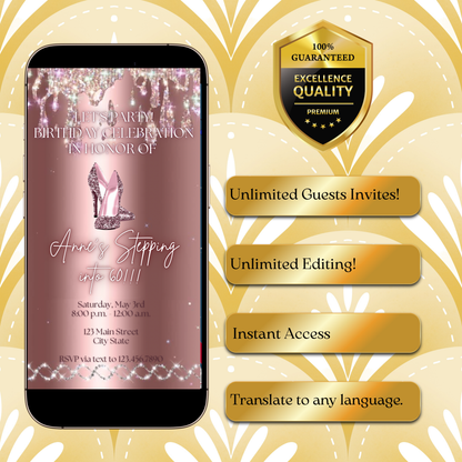Stepping Into My Birthday Video Invite | Rose Gold Heel Digital Evite | Editable Canva Invite Template