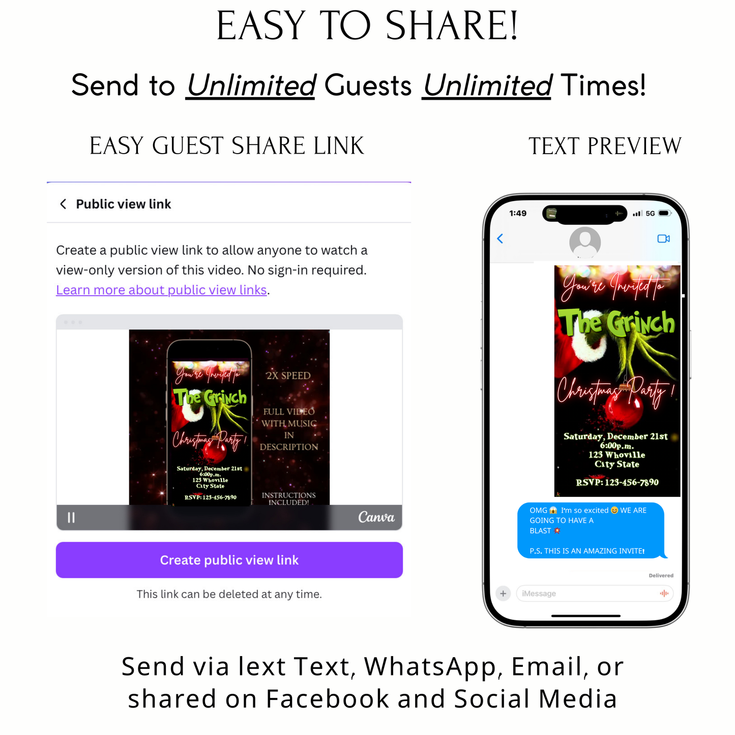 The Grinch Video Invitation | Digital Christmas Invite | Editable Canva Template