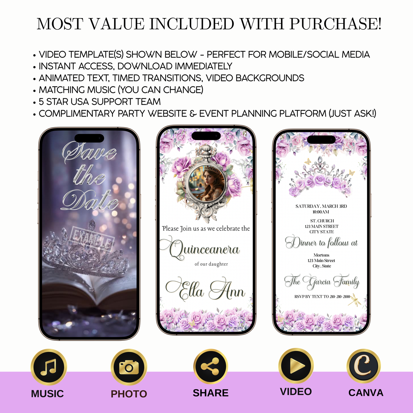 Lilac Quinceanera Video Invite | Animated Sweet 15 Quince Invite | Editable Canva Evite Template