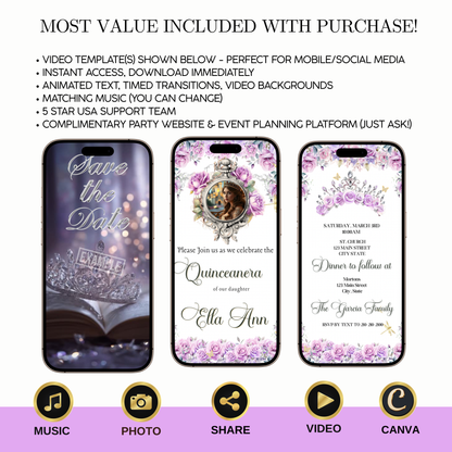 Lilac Quinceanera Video Invite | Animated Sweet 15 Quince Invite | Editable Canva Evite Template