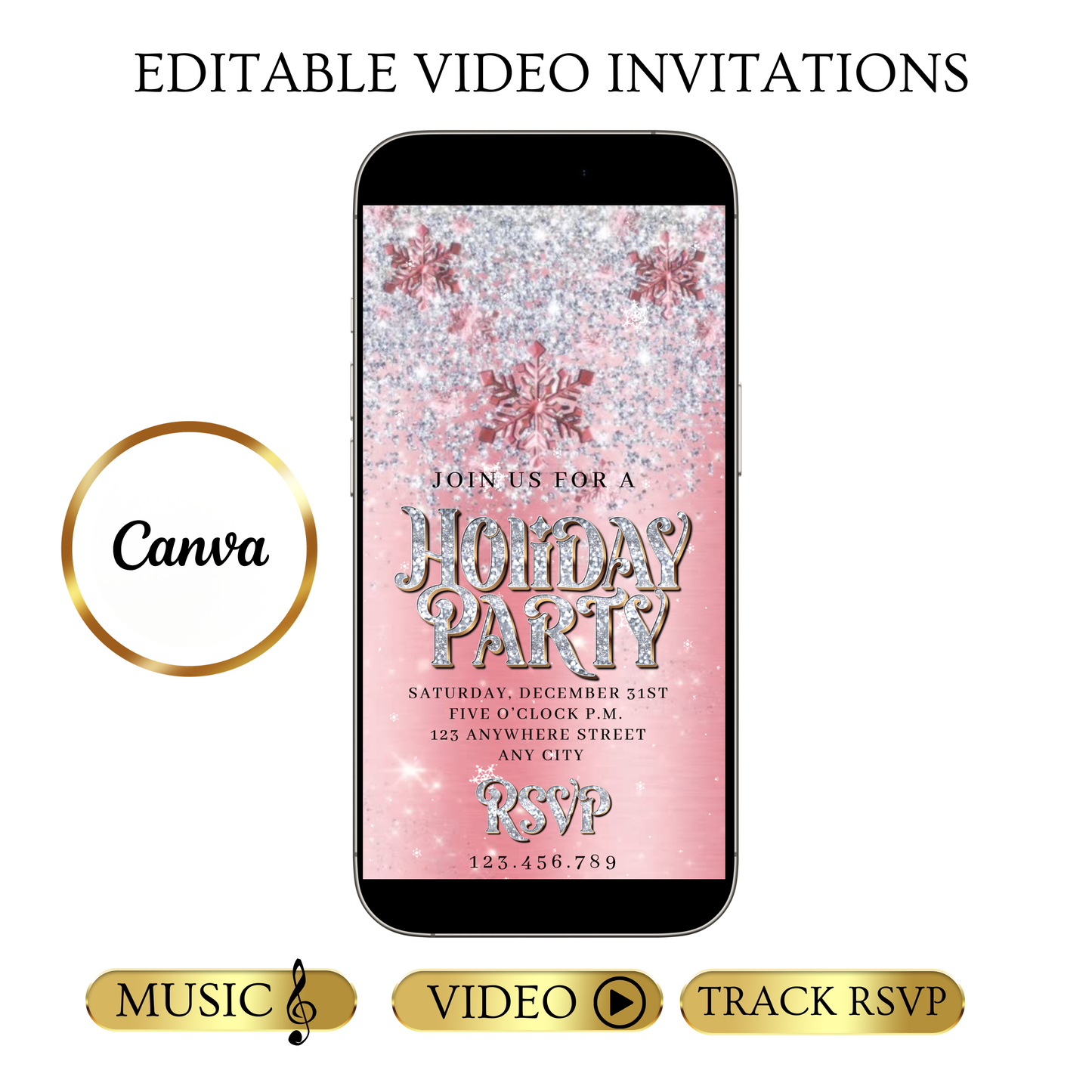 Christmas Party Video Invitation | Animated Pink Holiday Party Digital Evite | Editable Canva Invite Template