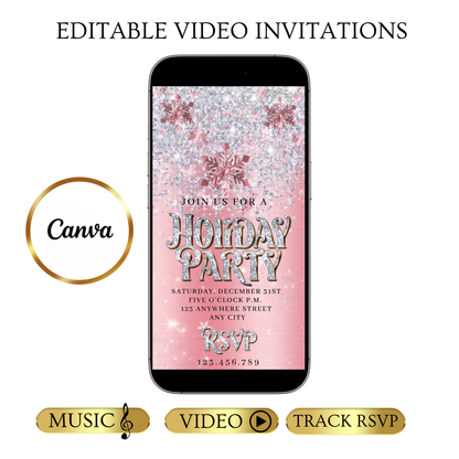 Christmas Party Video Invitation | Animated Pink Holiday Party Digital Evite | Editable Canva Invite Template
