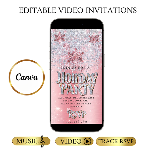 Christmas Party Video Invitation | Animated Pink Holiday Party Digital Evite | Editable Canva Invite Template