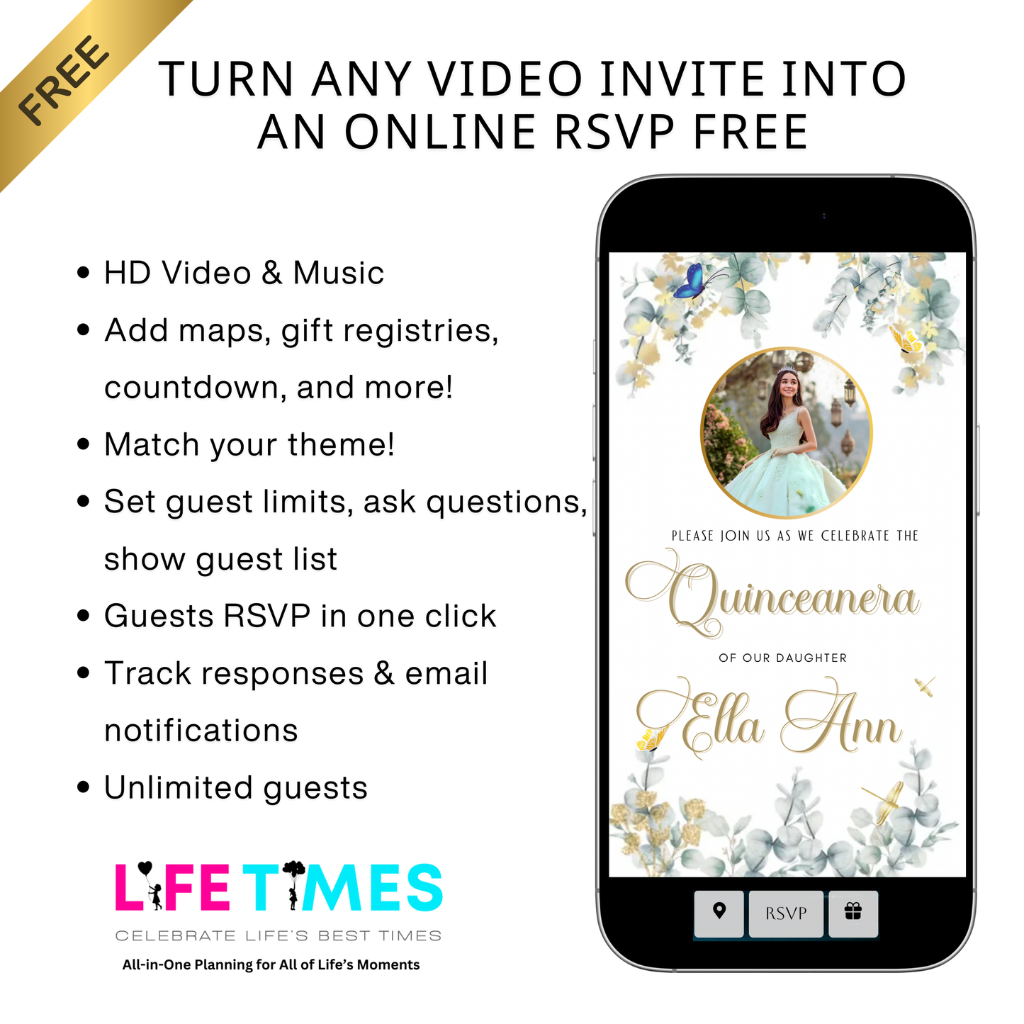 Quinceanera Video Invite | Editable Sweet 15 Birthday Sweet 16 Canva Evite Template