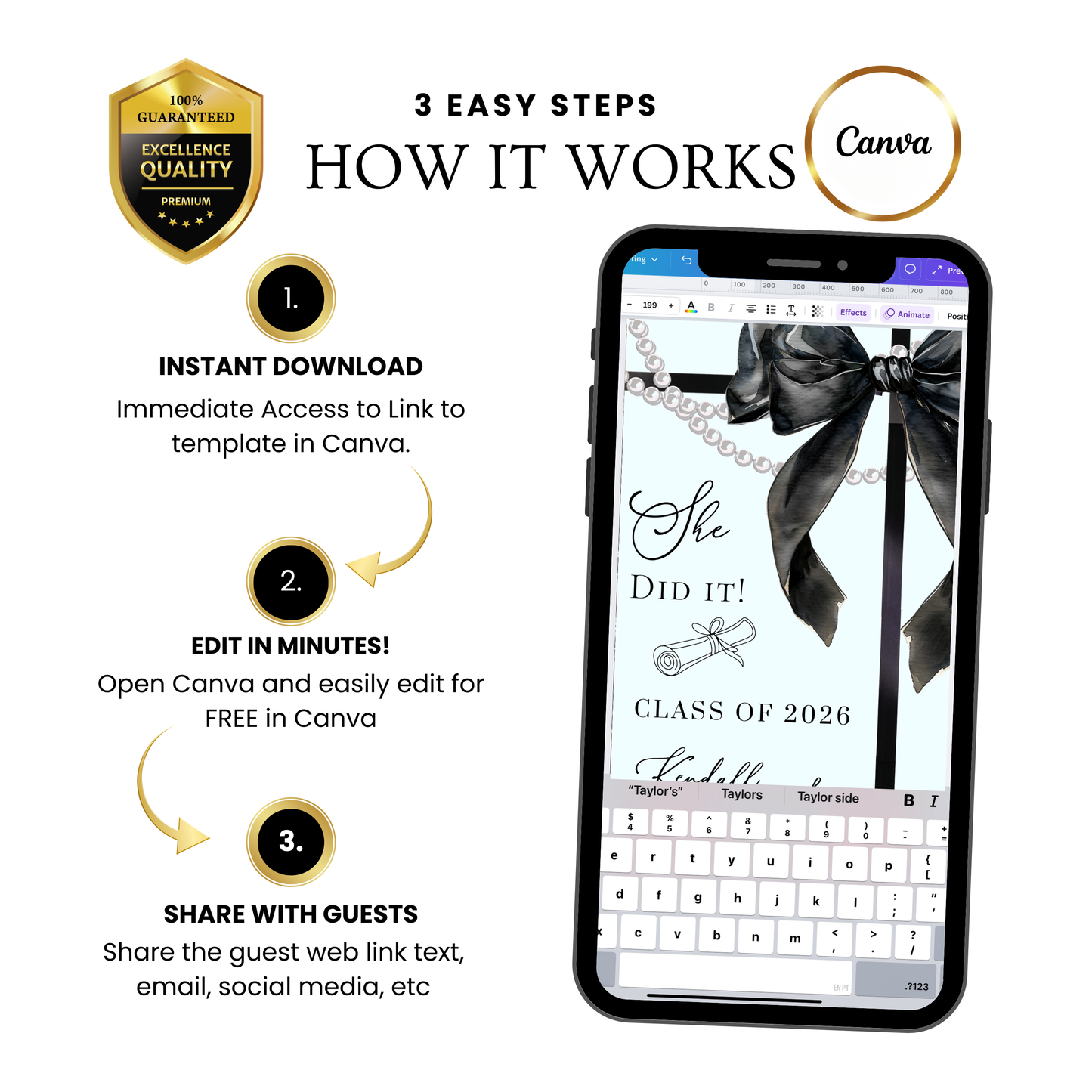 Graduation Party Video Invitation | Light Blue and Black Bow Graduation Invite for Her | Editable Online RSVP Evite Canva Template