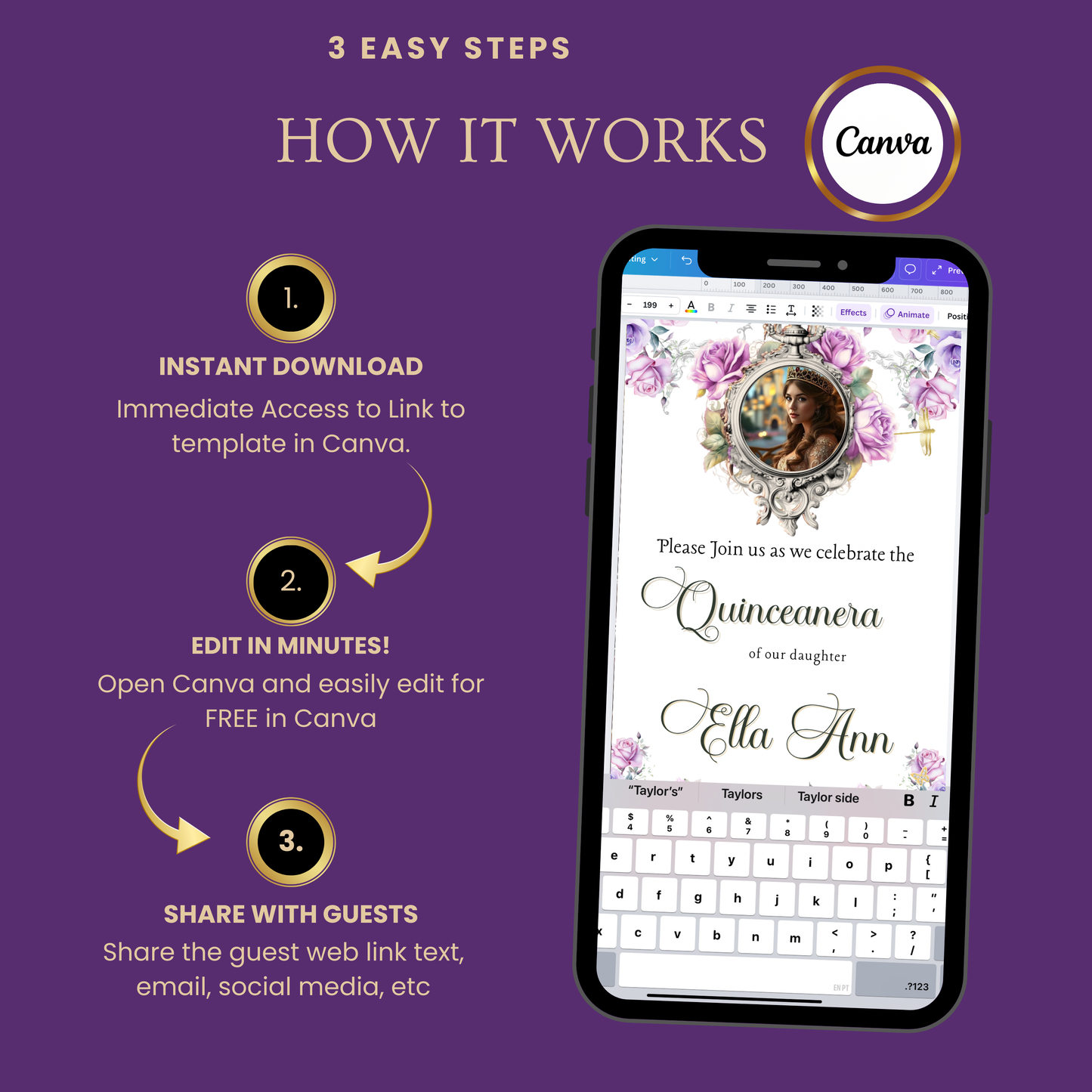 Lilac Quinceanera Video Invite | Animated Sweet 15 Quince Invite | Editable Canva Evite Template