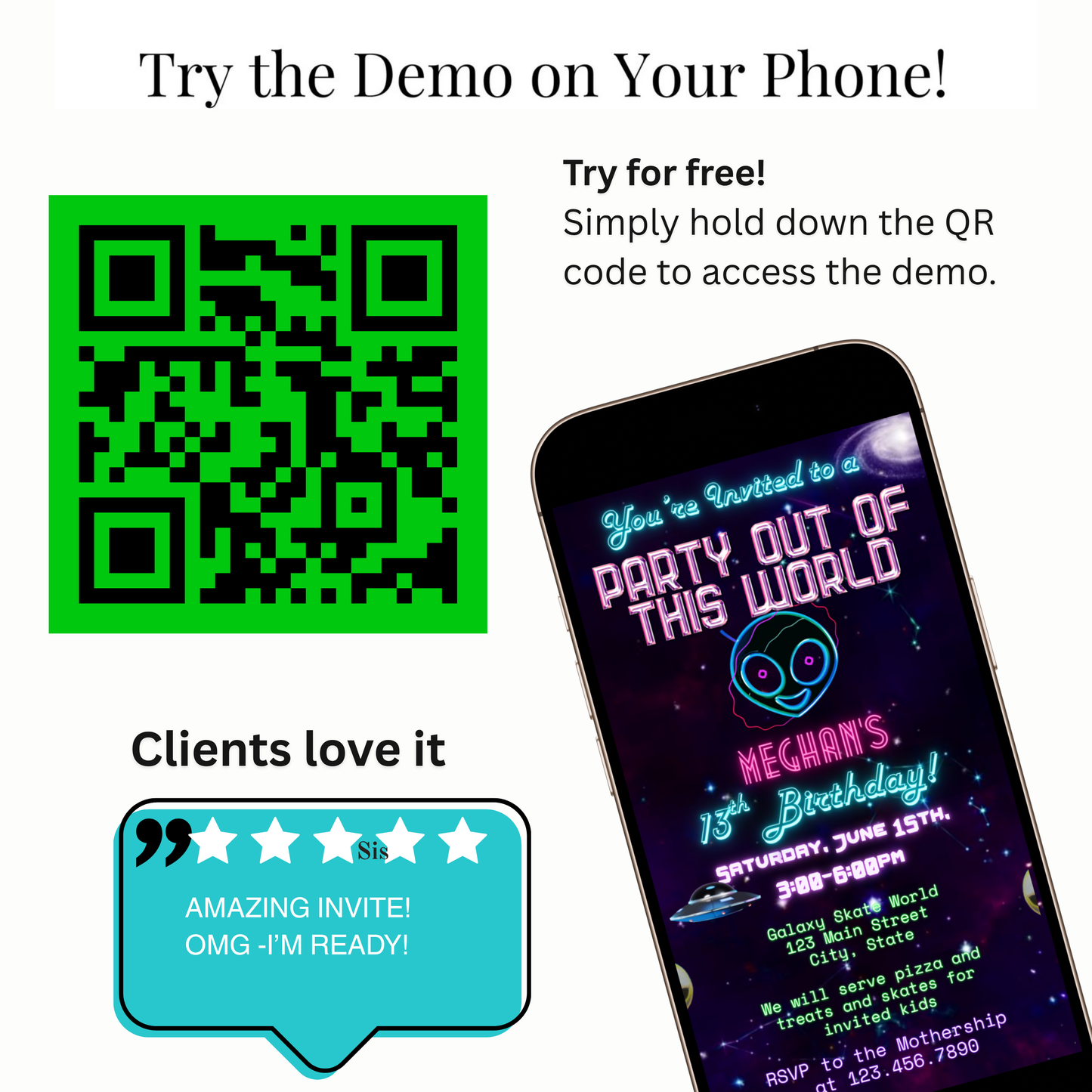 Party Out of This World Alien Birthday Invitation | Mobile Animated Alien Invite | Editable Canva Template