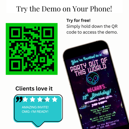Party Out of This World Alien Birthday Invitation | Mobile Animated Alien Invite | Editable Canva Template