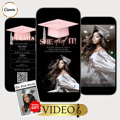 Graduation Party Video Invitation | Digital Graduation Invite for Her | Editable Online RSVP Evite Canva Template