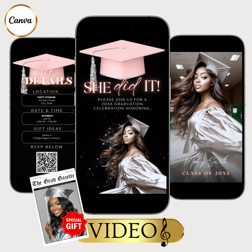 Graduation Party Video Invitation | Digital Graduation Invite for Her | Editable Online RSVP Evite Canva Template
