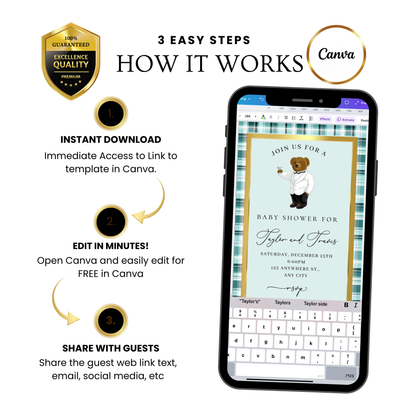 Polo Bear Baby Shower Video Invitation | Digital Tiffany Blue Plaid Invite | Editable Canva Template