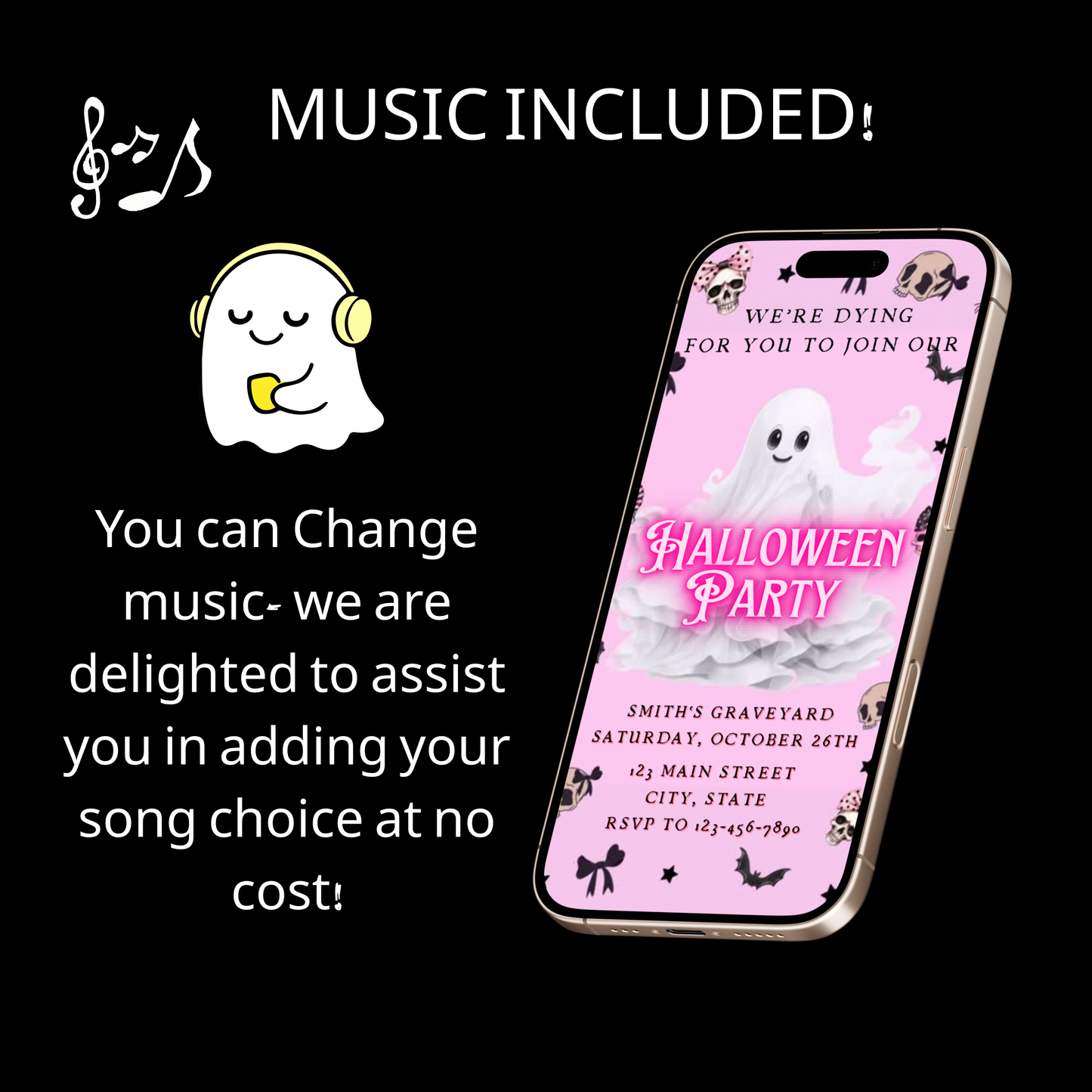 Halloween Video Invitation, Pink Ghost Animated Invite, Editable Halloween Party Mobile Evite