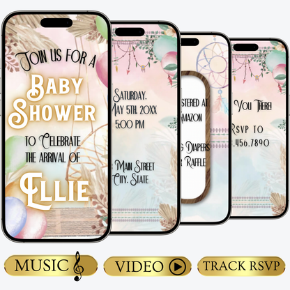 Boho Baby Shower Animated Video Invitation | Digital Baby Shower Mobile Invite with music