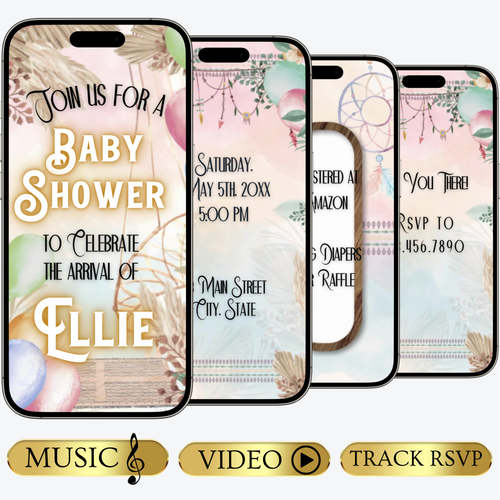 Boho Baby Shower Animated Video Invitation | Digital Baby Shower Mobile Invite with music