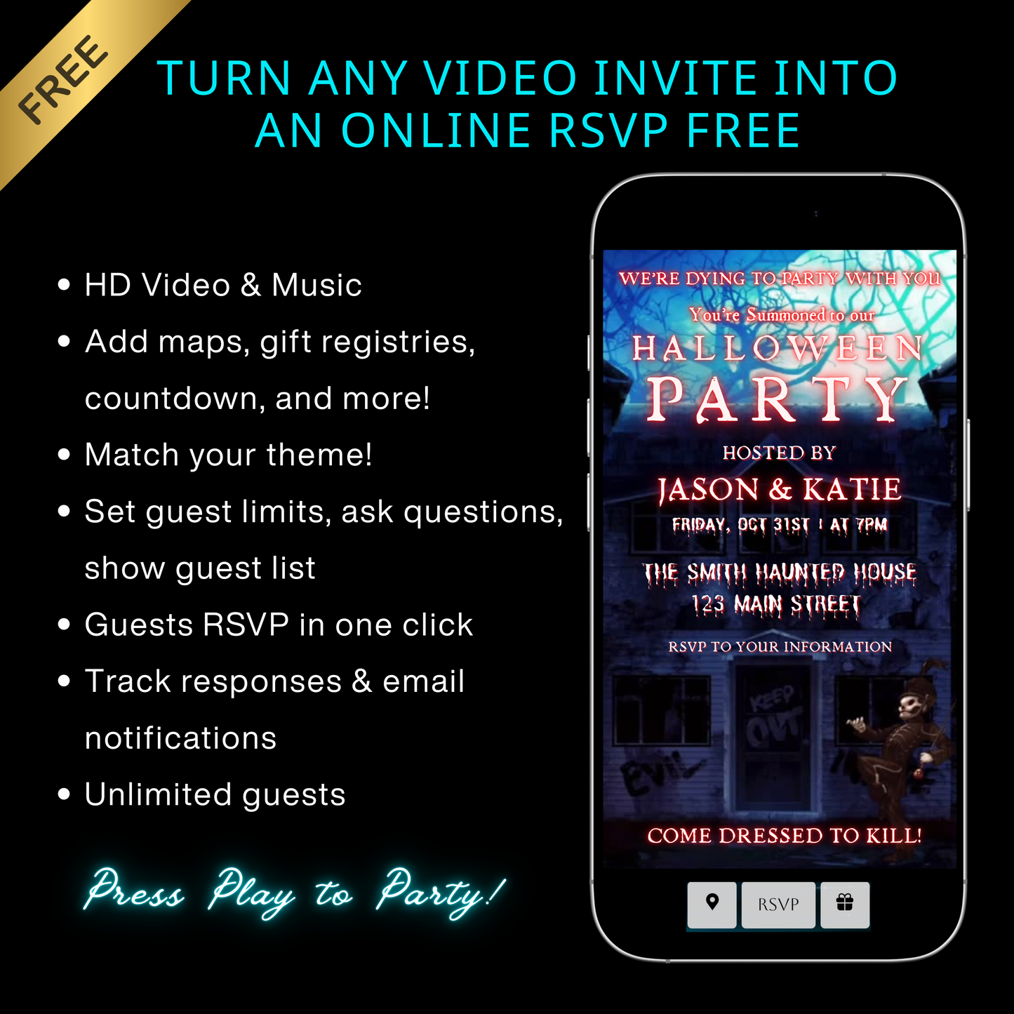 Halloween-Videoeinladung, animierte Halloween-Einladung für März, bearbeitbare mobile Halloween-Party-Einladung