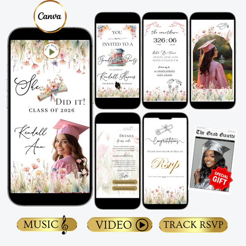 2026 Graduation Website Invitation | Spring Floral Canva Website RSVP Template with Music | Spring Floral for her