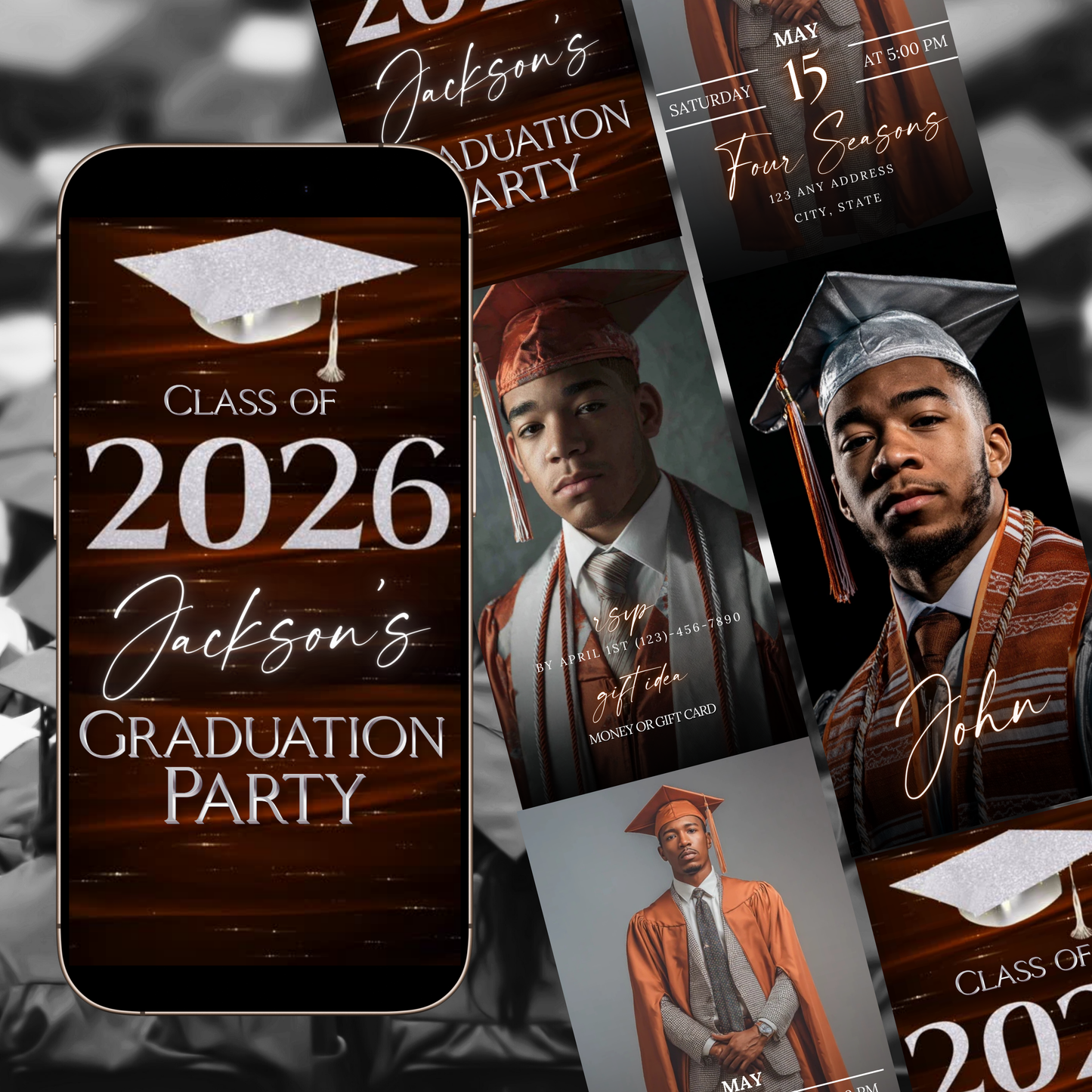 Graduation Party Video Invitation | Class of 2026 Orange and Silver Invite for Him | Editable Online RSVP Evite Canva Template