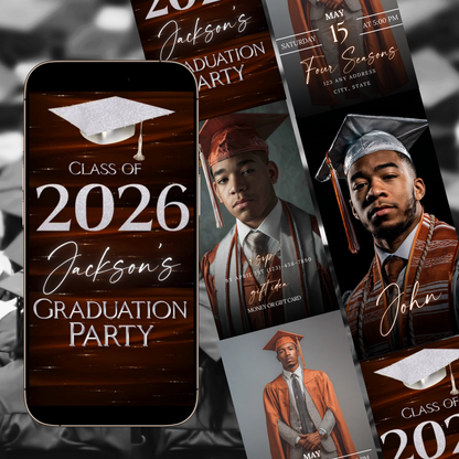 Graduation Party Video Invitation | Class of 2026 Orange and Silver Invite for Him | Editable Online RSVP Evite Canva Template