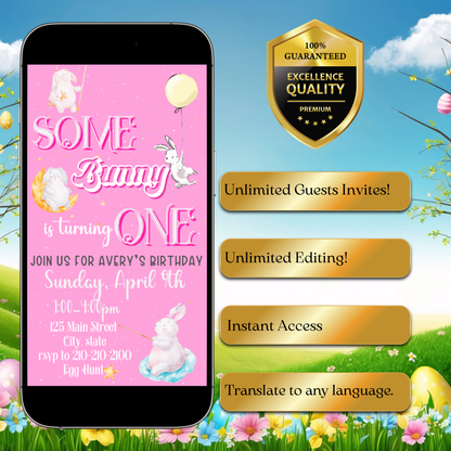 Easter Birthday Animated invitation | Pink Some Bunny Loves You Canva template