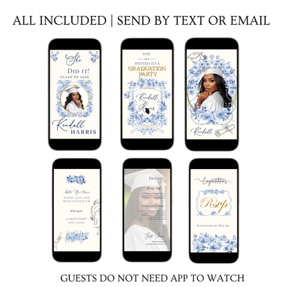 Graduation Party Video Invitation | Floral Graduation Invite for Her | Editable Online RSVP Evite Canva Template