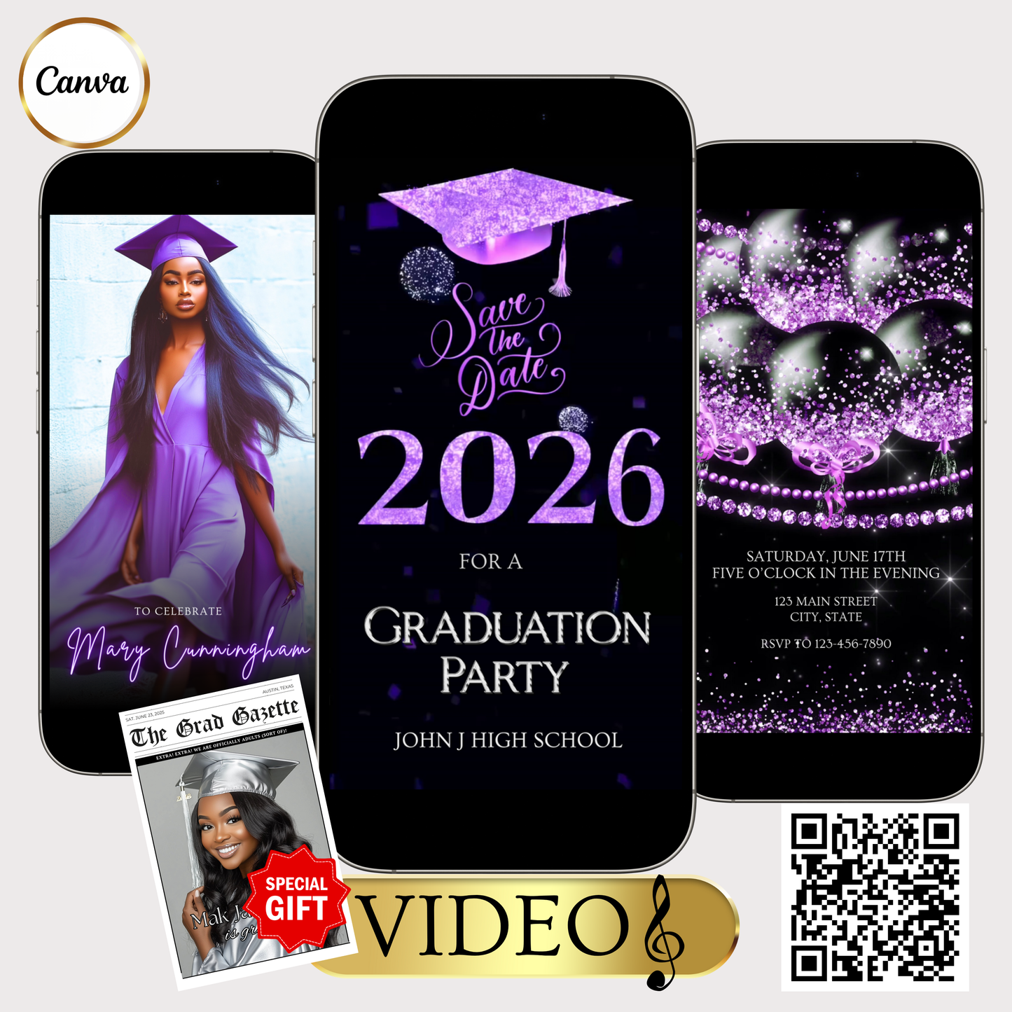 2026 Graduation Party Video Invitation | Digital Purple Graduation Invite | Editable Online RSVP Evite Canva Template