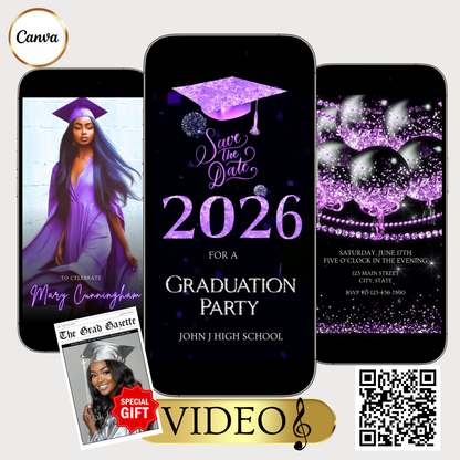 2026 Graduation Party Video Invitation | Digital Purple Graduation Invite | Editable Online RSVP Evite Canva Template