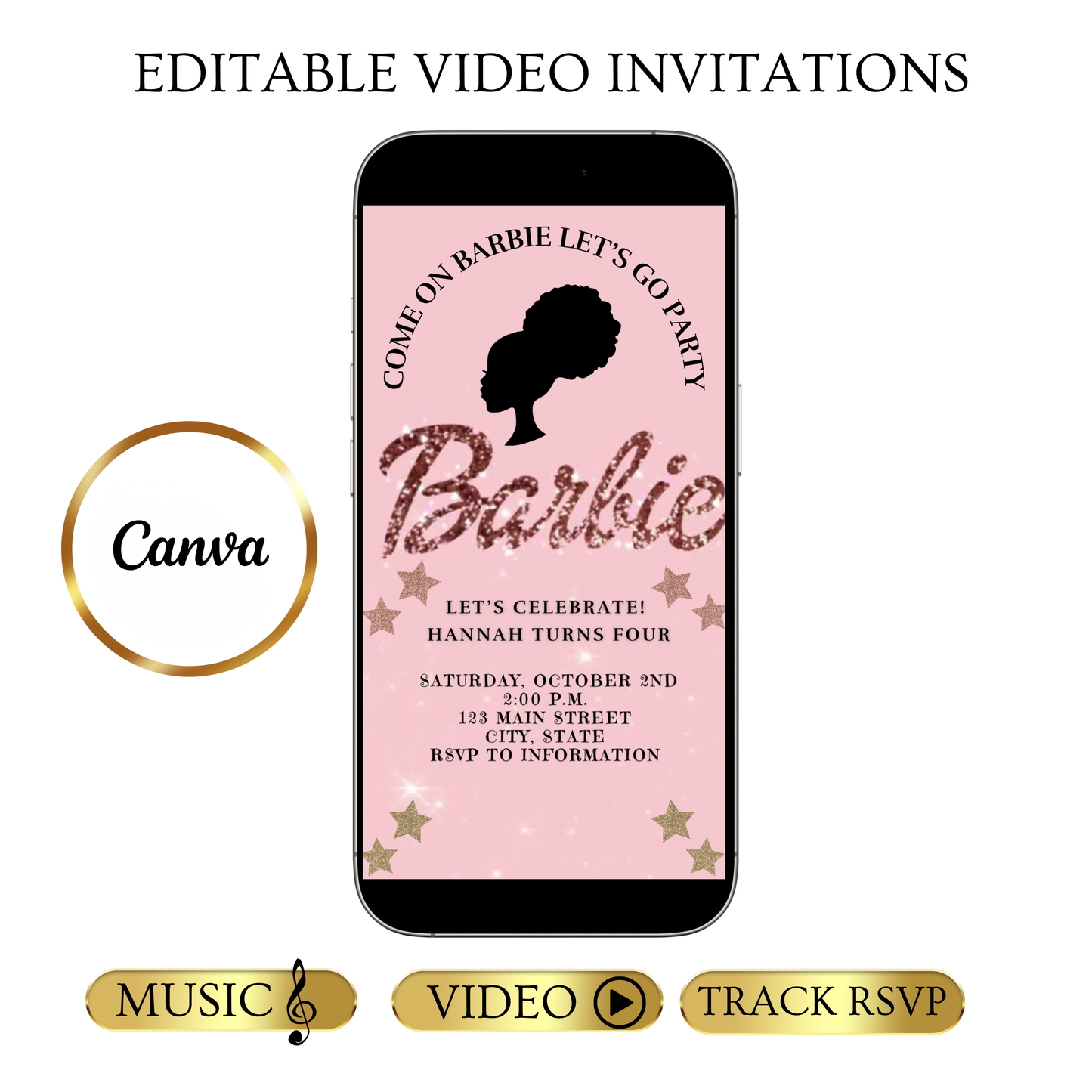Bearbeitbare Barbie-Videoeinladung | Animierte digitale Einladung mit pinkfarbener Barbie | Bearbeitbare Canva-Einladungsvorlage