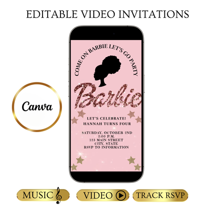 Bearbeitbare Barbie-Videoeinladung | Animierte digitale Einladung mit pinkfarbener Barbie | Bearbeitbare Canva-Einladungsvorlage