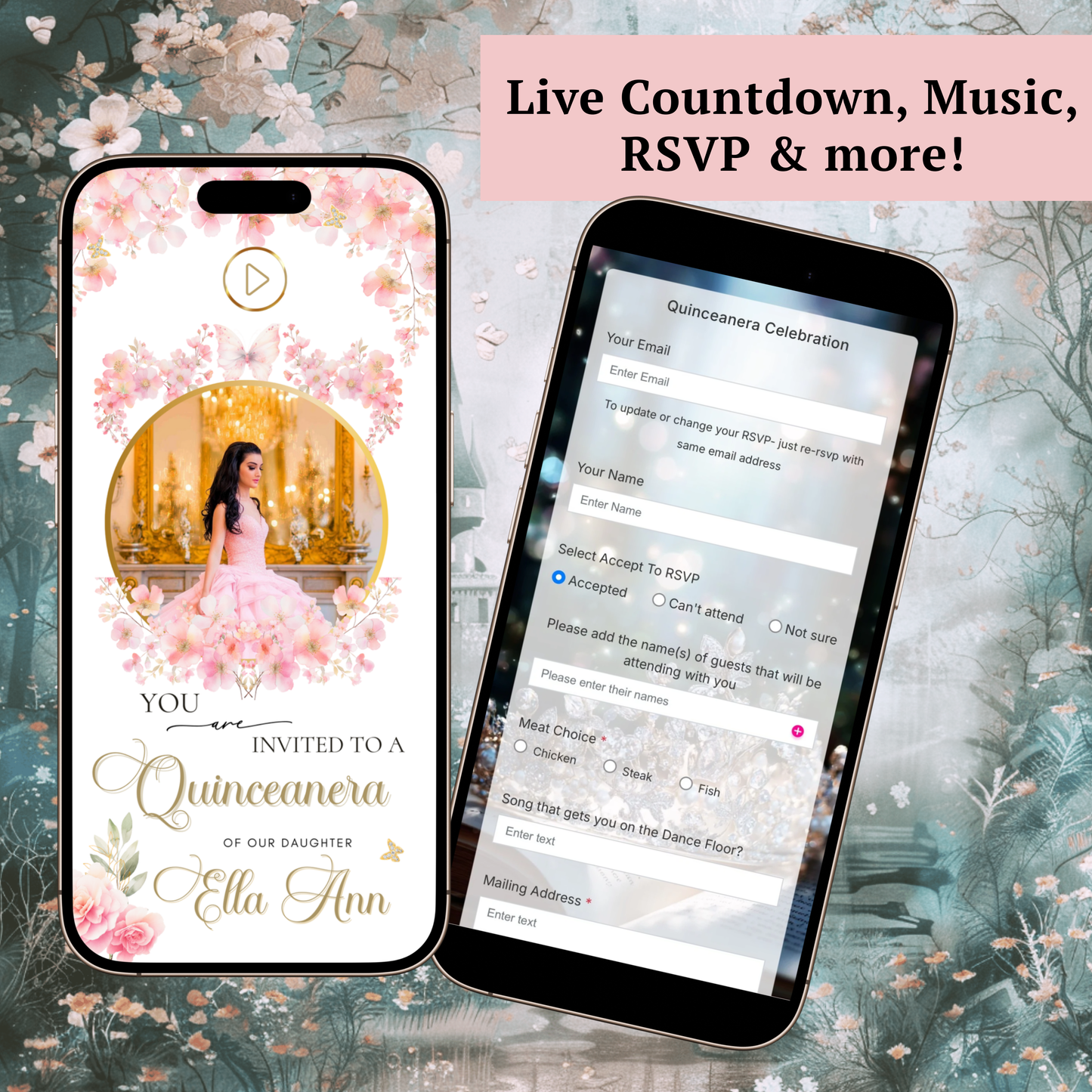Pink Floral Quinceanera Website Invite |  Sweet 15 16 Evite RSVP Video Invitation | Canva Template