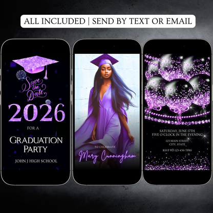 2026 Graduation Party Video Invitation | Digital Purple Graduation Invite | Editable Online RSVP Evite Canva Template