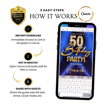 50th Birthday Party Video Invitation | Digital Hollywood Animated Invite | Editable Canva Evite Template