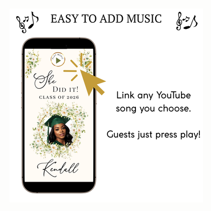 2026 Graduation Website Invitation | Canva Website RSVP Template with Music | Spring Floral for her
